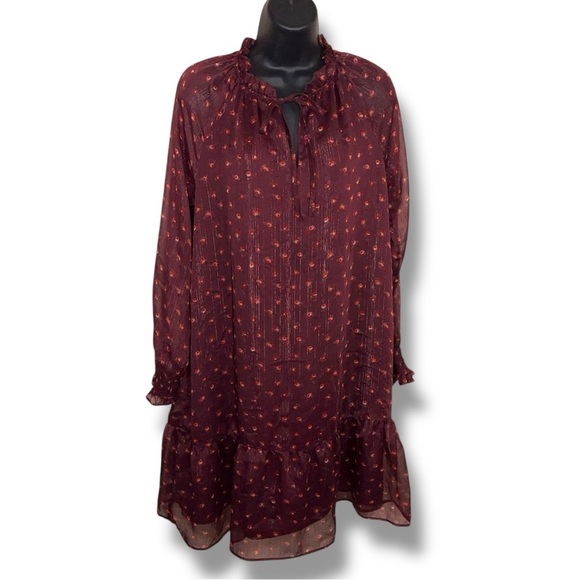 Medium Ann Taylor LOFT Burgundy Long Sleeve Dress Lined Red Floral Print - Picture 1 of 12